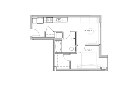 a floor plan of a small apartment with a bedroom and a living room